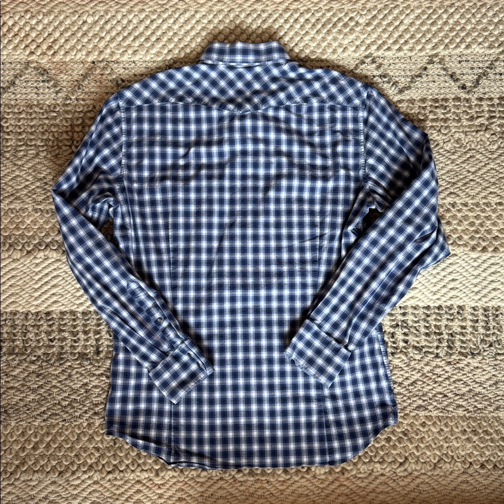 🍌 Banana Republic Western Cut Pearl Snap Navy Plaid Men's Long Sleeve Shirt - Picture 7 of 8